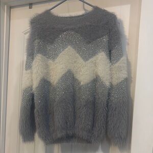 Gray and White Chevron Fuzzy Sweater